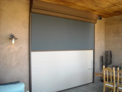 Exterior shutters and shade on back patio of A Tucson, Arizona home