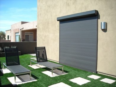 Rolling shutters on patio of a Tucson, Arizona home