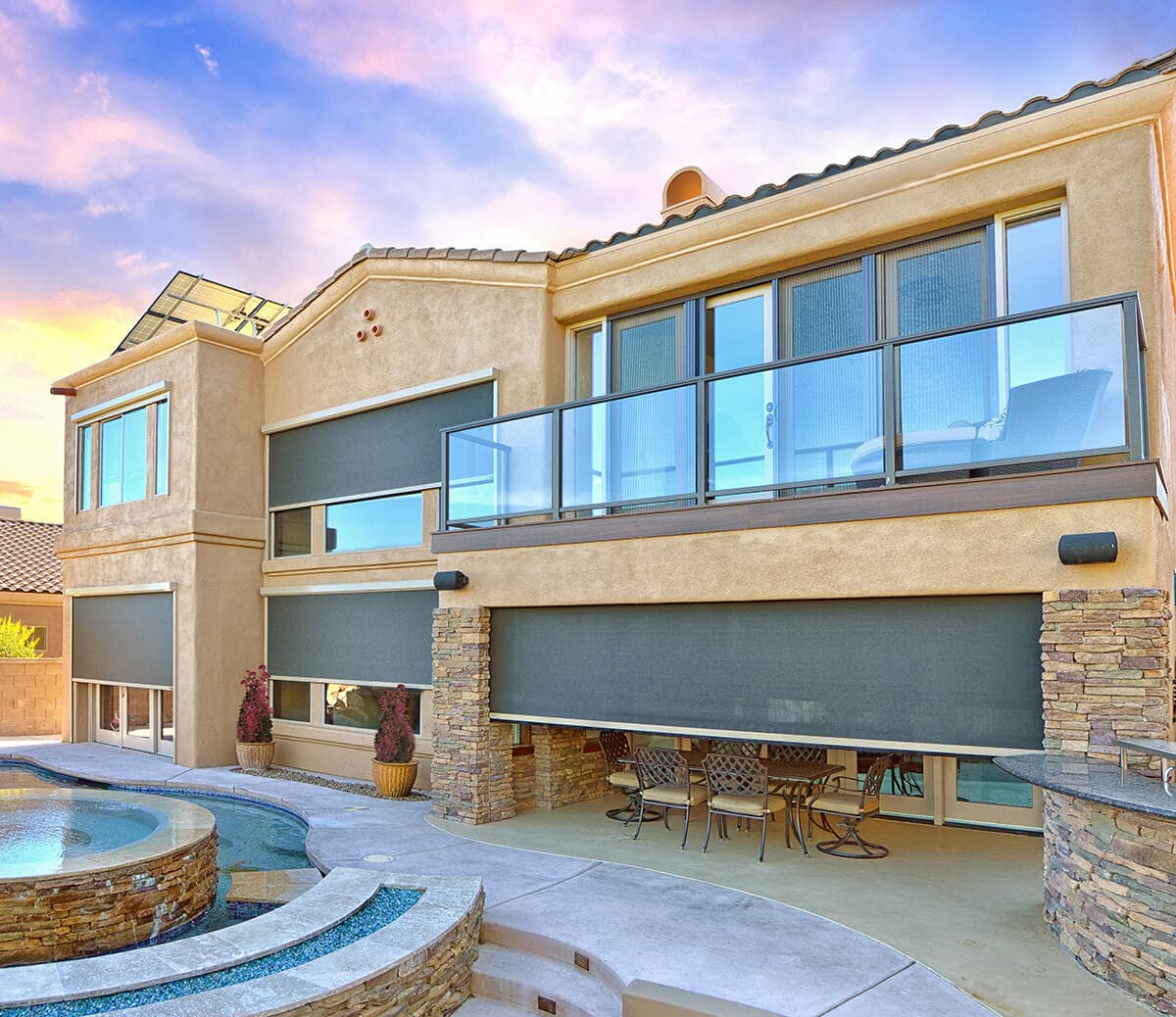 Solar screens Tucson protecting the patio of a spanish styled home