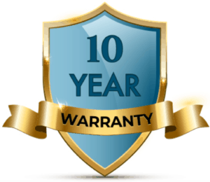 badge Shield icon promoting Tucson Rolling Shutters 10 year warranty