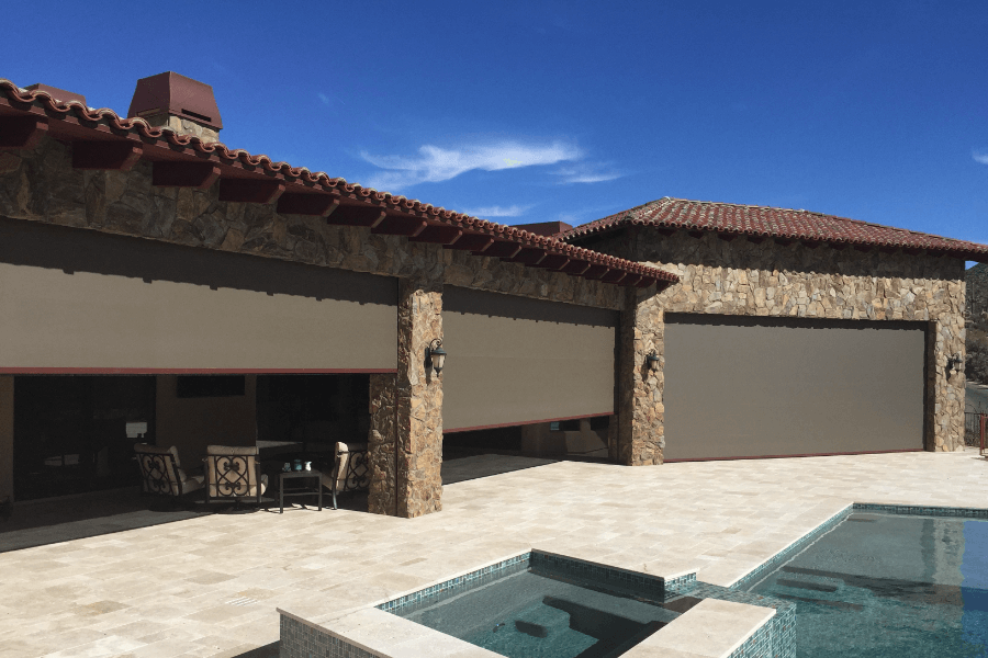 Rolling shutters protecting the patio of a Tucson, Arizona home
